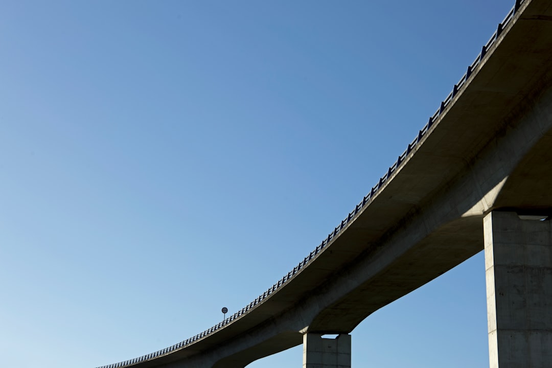 A view of a bridge from the side of the road, Looking up at a highway overpass as it curves into the distance.